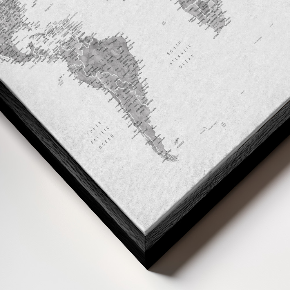 Canvas taulu - Detailed world map with cities, Jimmy kehys lähikuvassa - musta kehys