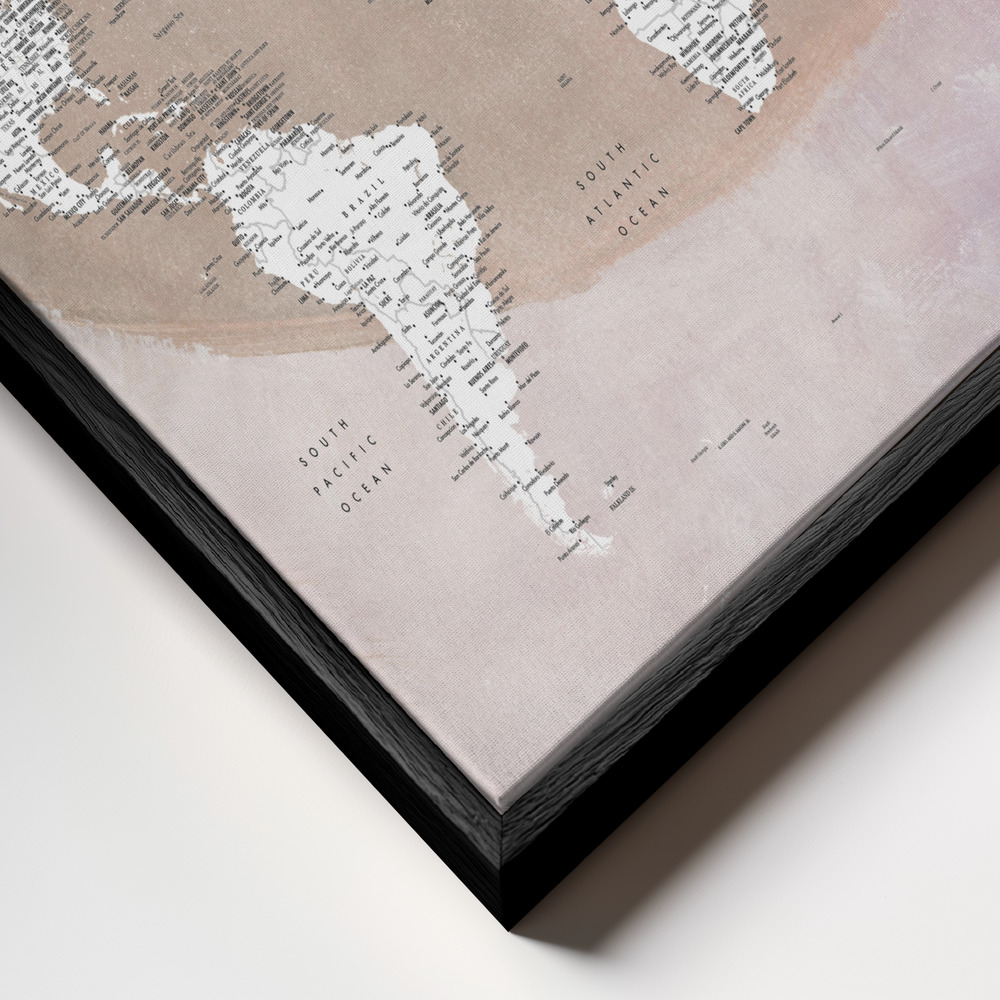 Toile - Detailed world map with cities Qawi cadre en gros plan - cadre noir