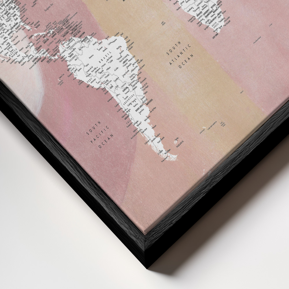 Canvas schilderi - Detailed world map with cities Mizn frame close-up - zwart frame