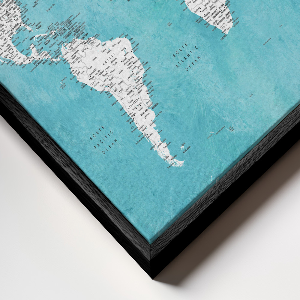 Canvas schilderi - Detailed world map with cities Idrak frame close-up - zwart frame