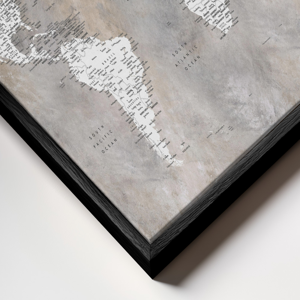 Canvas taulu - Detailed world map with cities Vali kehys lähikuvassa - musta kehys