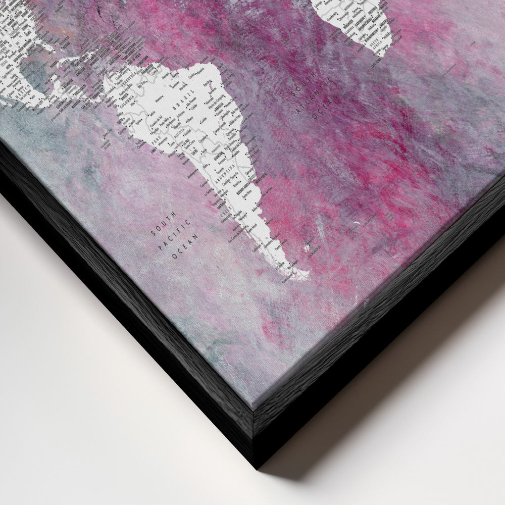 Canvas taulu - Detailed world map with cities Taliessa kehys lähikuvassa - musta kehys