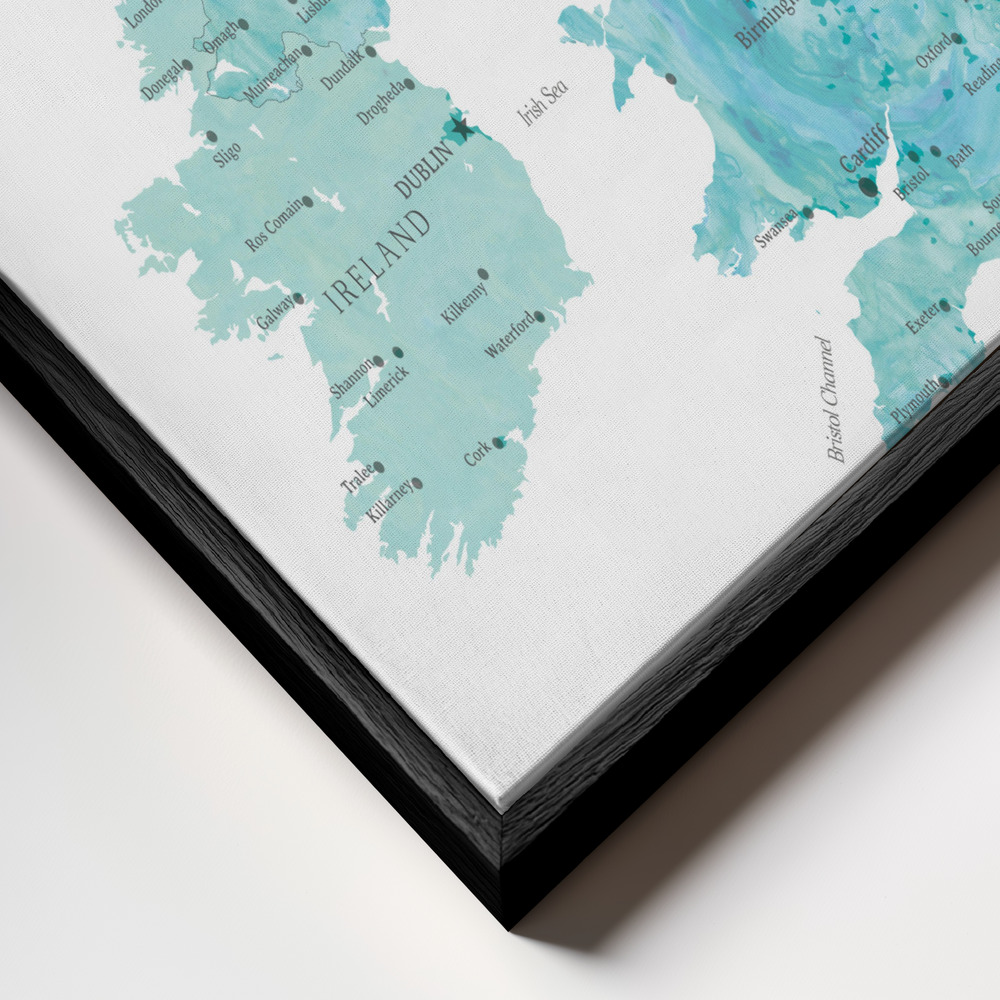 Canvas schilderi - Aquamarine watercolor map of the United Kingdom frame close-up - zwart frame