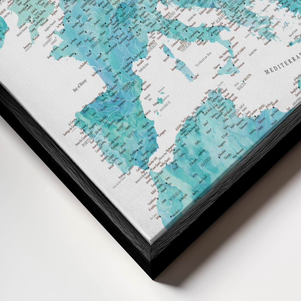 Toile - Aquamarine detailed map of Europe cadre en gros plan - cadre noir