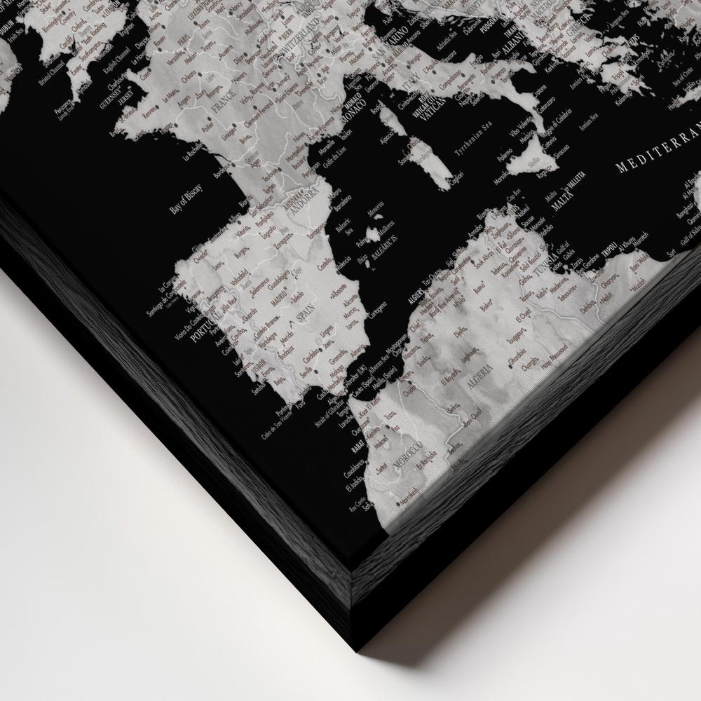 Toile - Black and grey detailed map of Europe cadre en gros plan - cadre noir