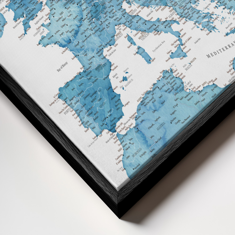 Canvas schilderi - Blue detailed map of Europe frame close-up - zwart frame