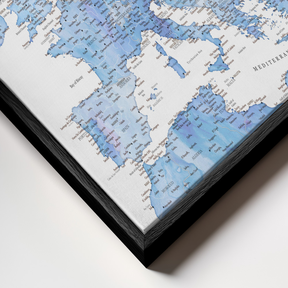 Canvas schilderi - Light blue watercolor detailed map of Europe frame close-up - zwart frame