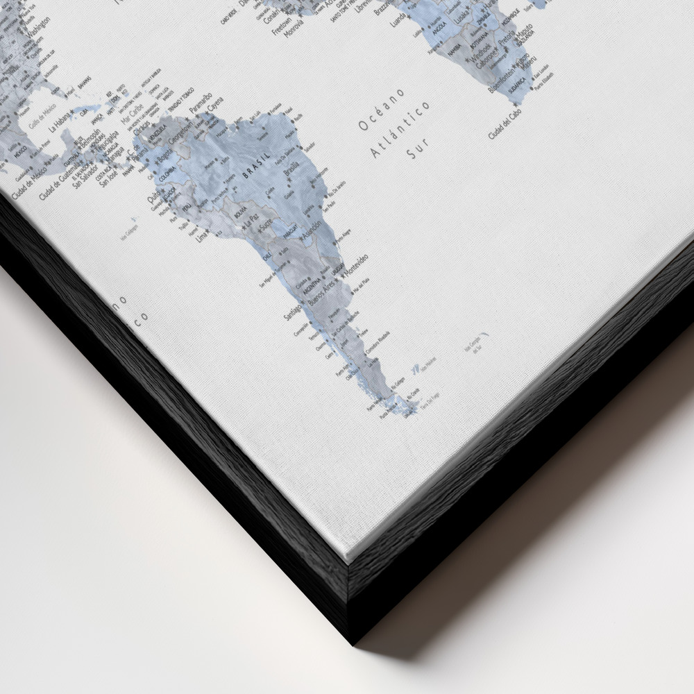 Toile - Blue world map in Spanish cadre en gros plan - cadre noir