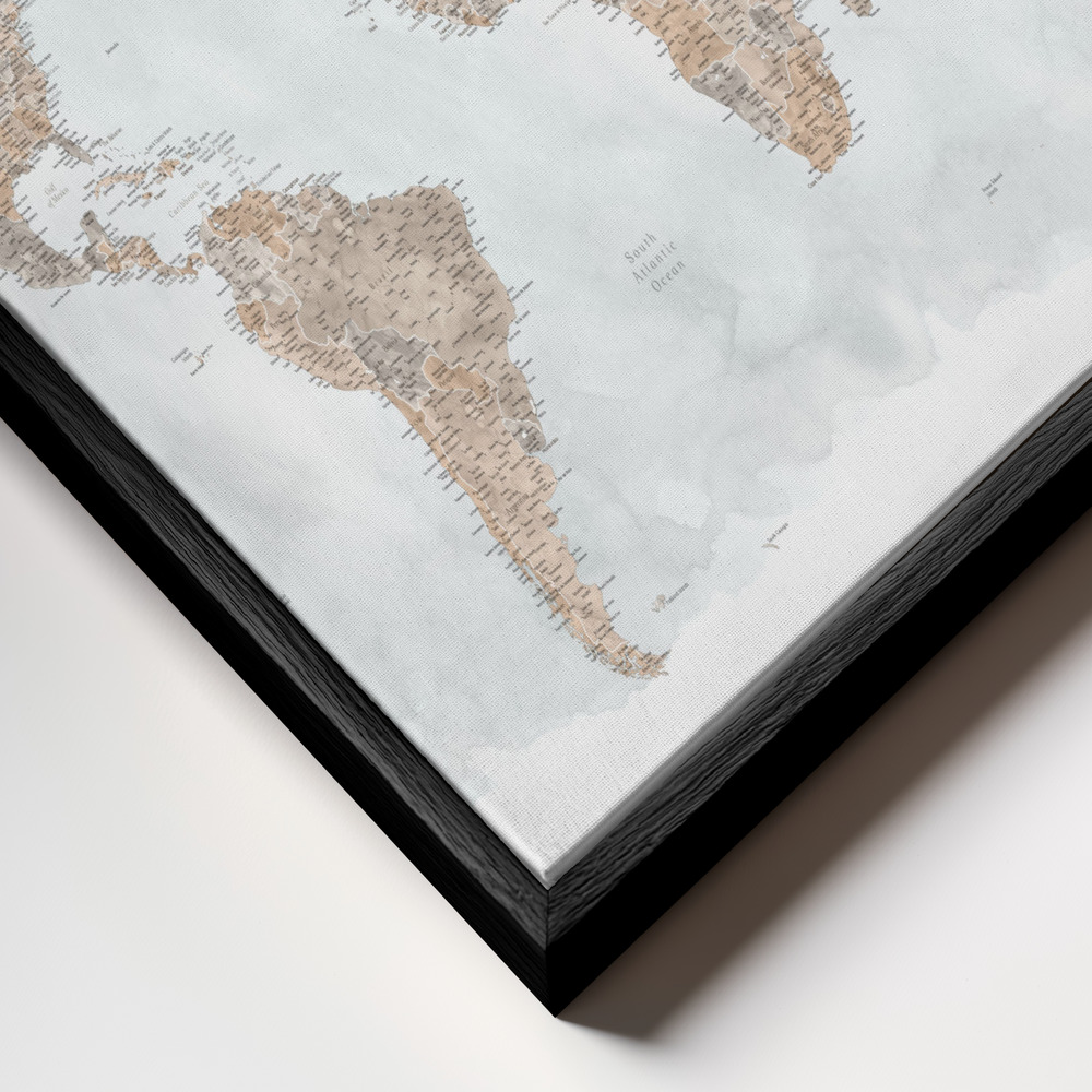 Canvas taulu - Calista high detail world map kehys lähikuvassa - musta kehys