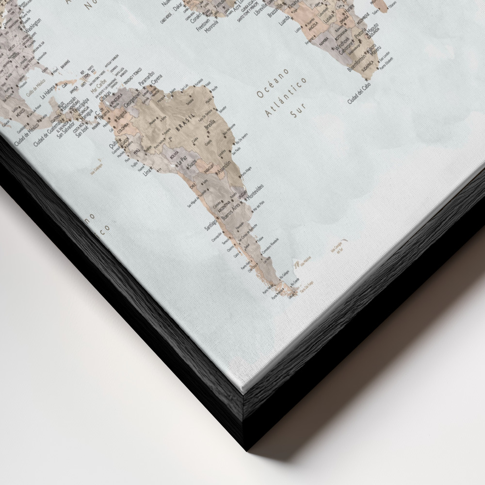 Obraz na płótnie - Calista world map in Spanish zbliżenie ramki - czarna ramka