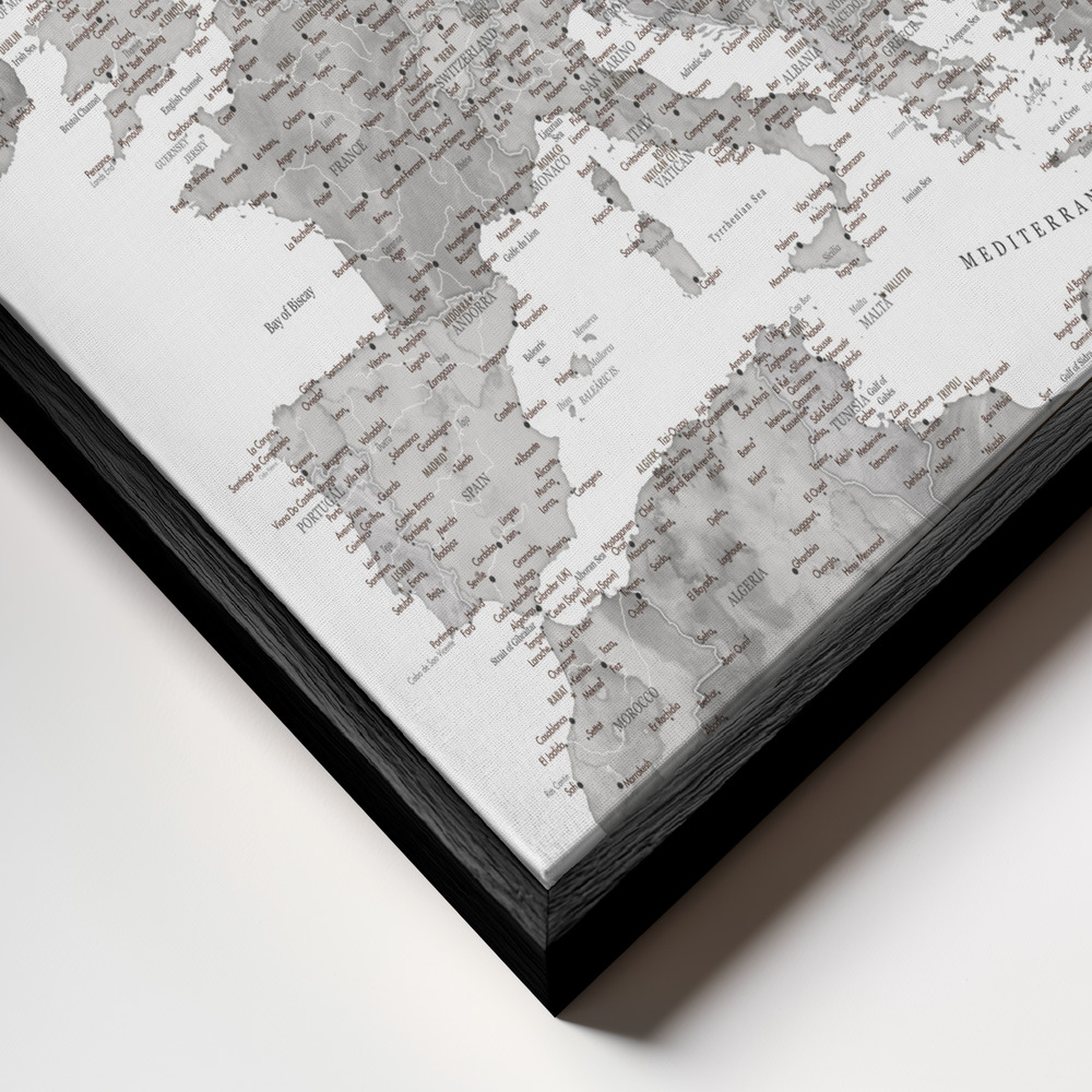 Toile - Gray watercolor Europe map cadre en gros plan - cadre noir