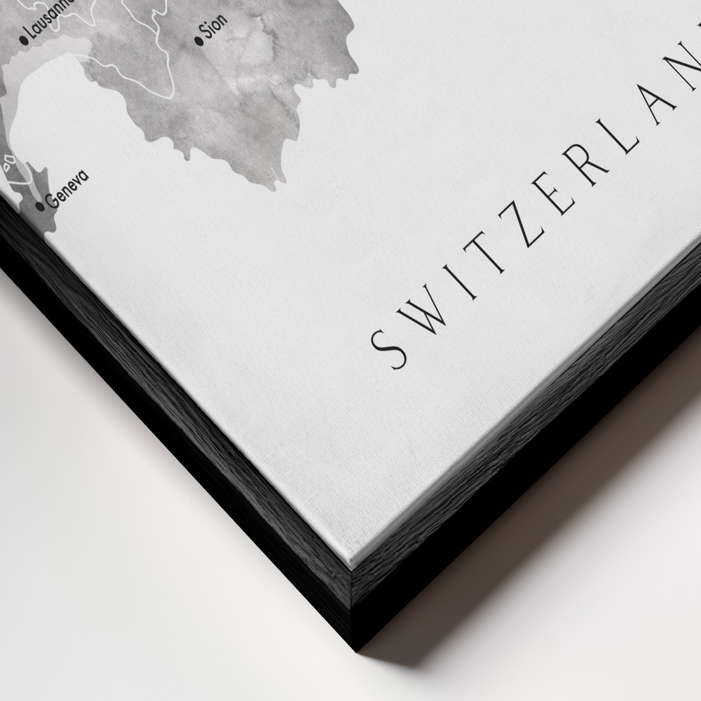 Canvas schilderi - Gray watercolor map of Switzerland frame close-up - zwart frame