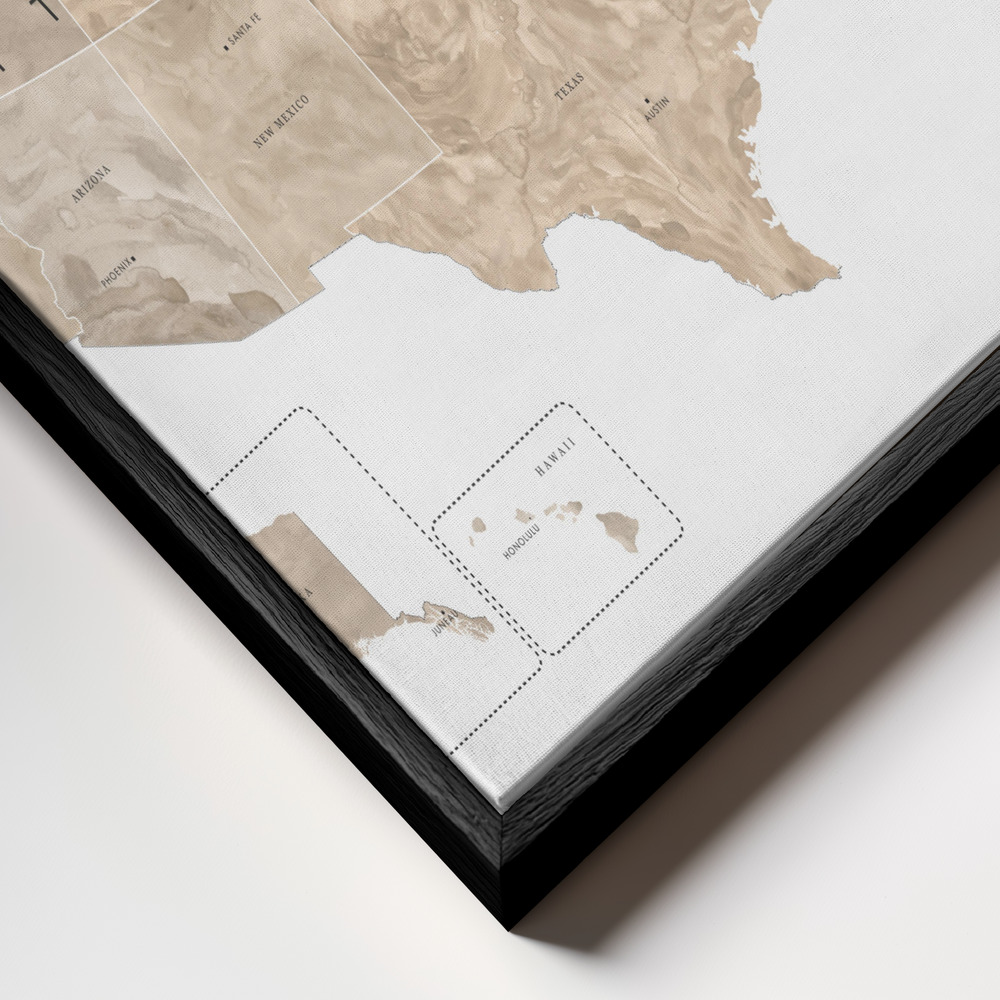 Canvas schilderi - Taupe watercolor US map frame close-up - zwart frame