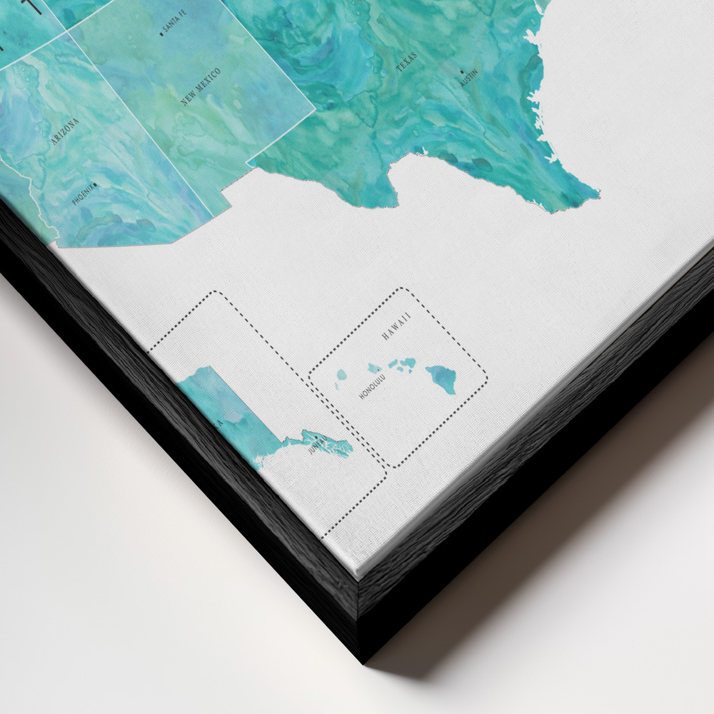 Toile - Aquamarine watercolor US map cadre en gros plan - cadre noir