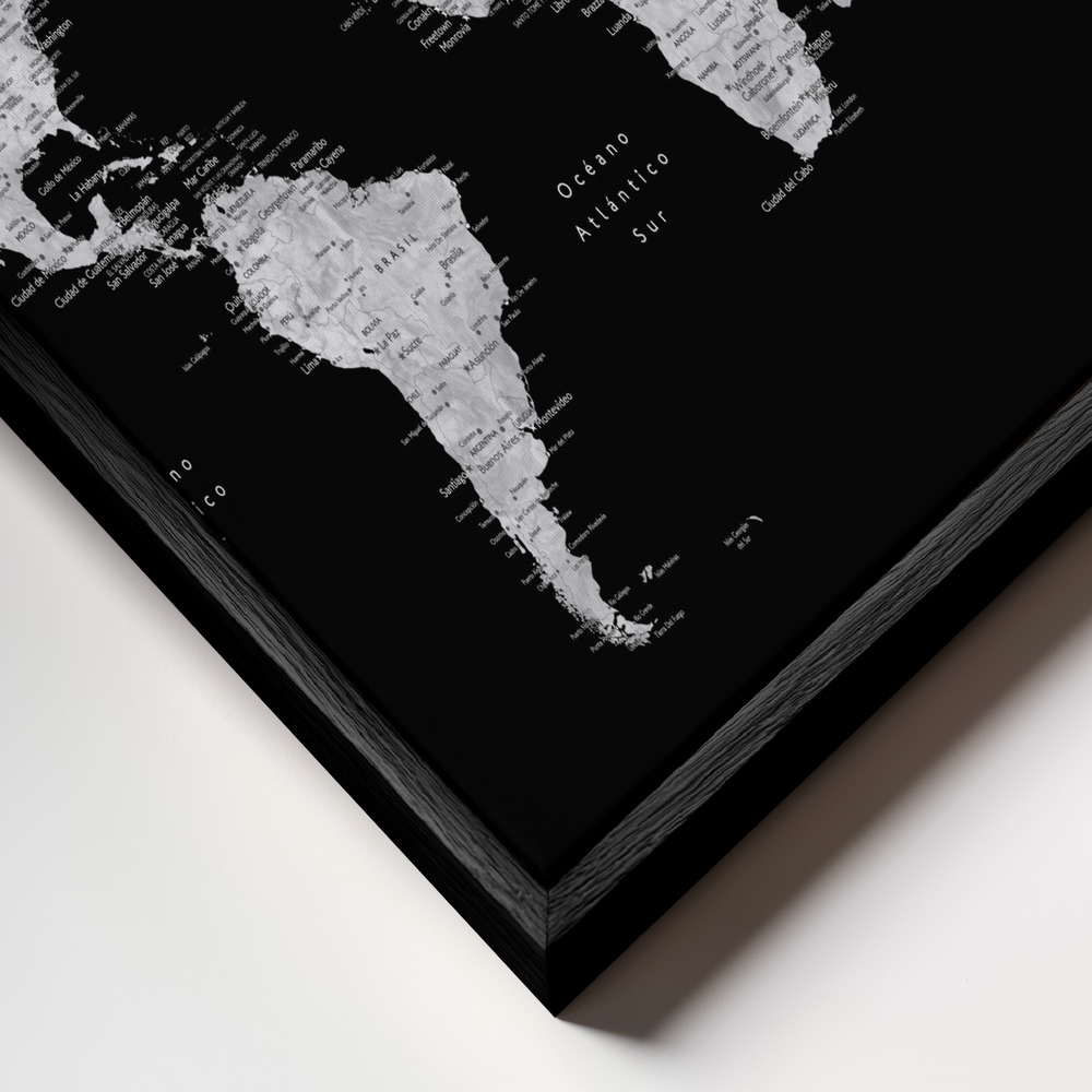 Canvas schilderi - Eban world map in Spanish frame close-up - zwart frame