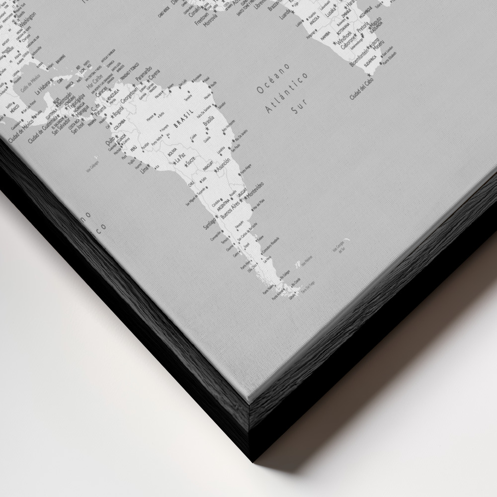 Canvas schilderi - Hart world map in Spanish frame close-up - zwart frame