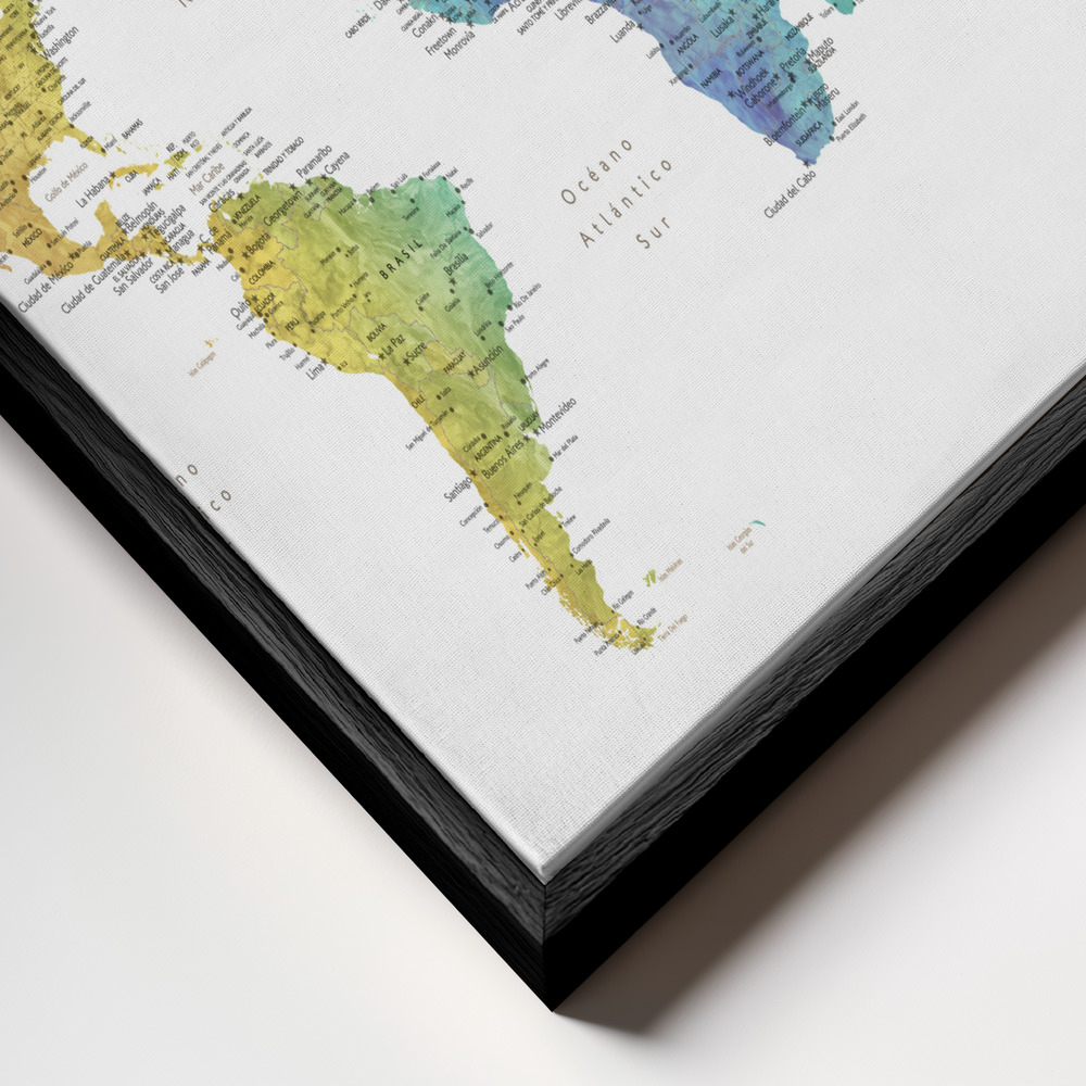 Toile - Jude world map in Spanish cadre en gros plan - cadre noir