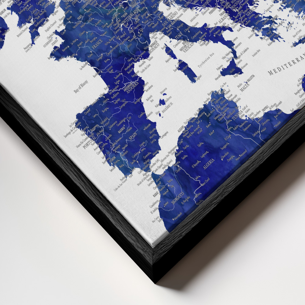 Canvas schilderi - Navy blue detailed map of Europe frame close-up - zwart frame