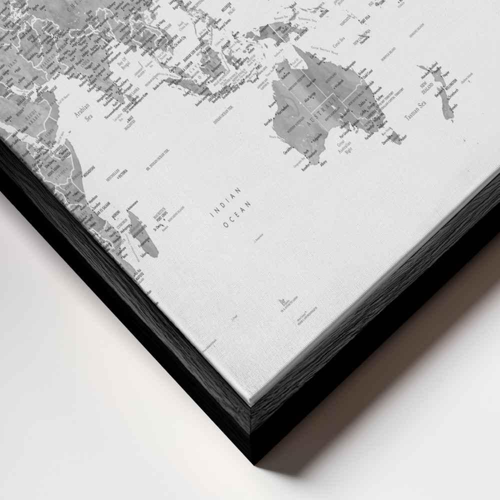 Toile - Pacific centered world map in gray watercolor cadre en gros plan - cadre noir