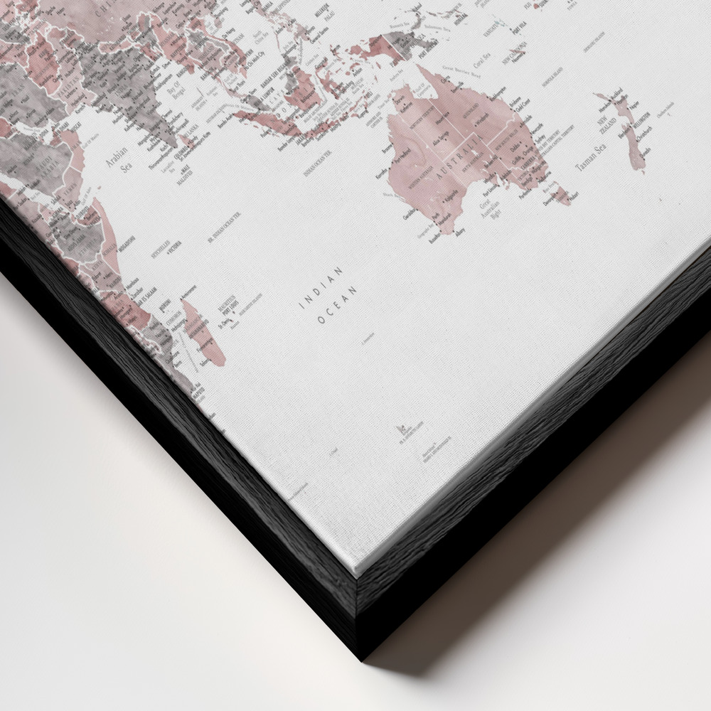 Canvas schilderi - Pacific centered world map in dusty pink frame close-up - zwart frame
