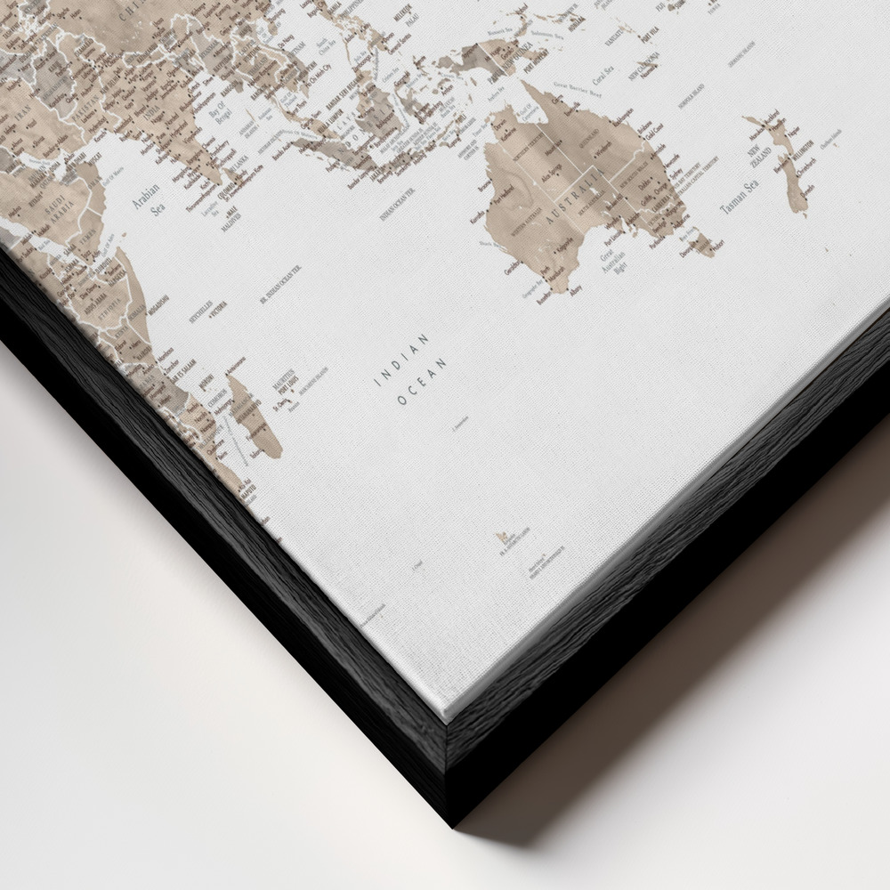 Toile - Pacific centered world map in taupe cadre en gros plan - cadre noir