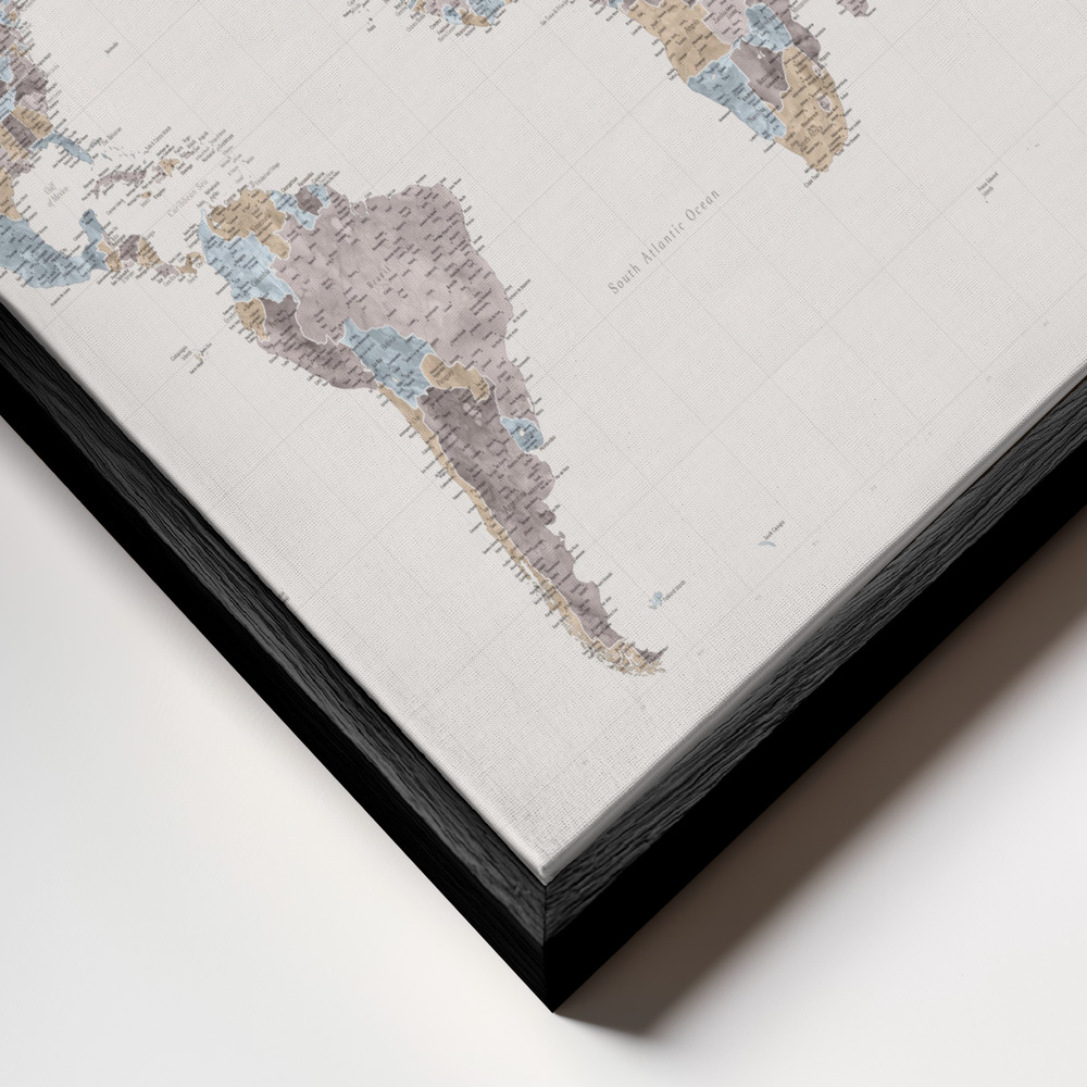 Canvas taulu - Mahler highly detailed world map with cities kehys lähikuvassa - musta kehys