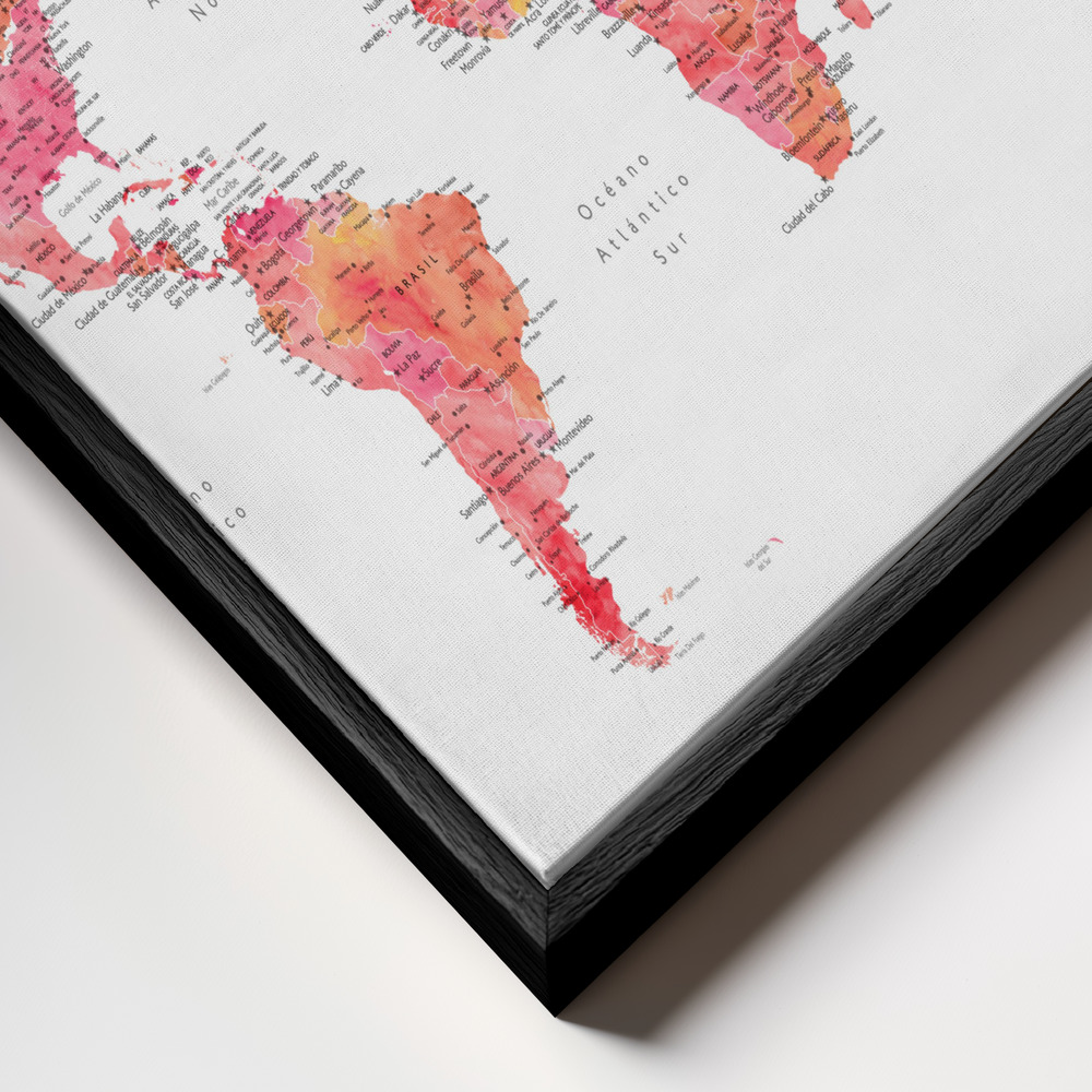 Toile - Tatiana world map in Spanish cadre en gros plan - cadre noir