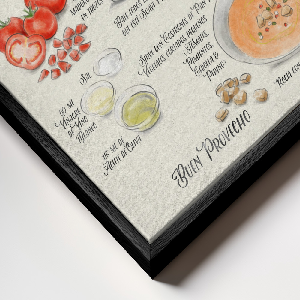Toile - Gazpacho illustrated recipe in Spanish cadre en gros plan - cadre noir