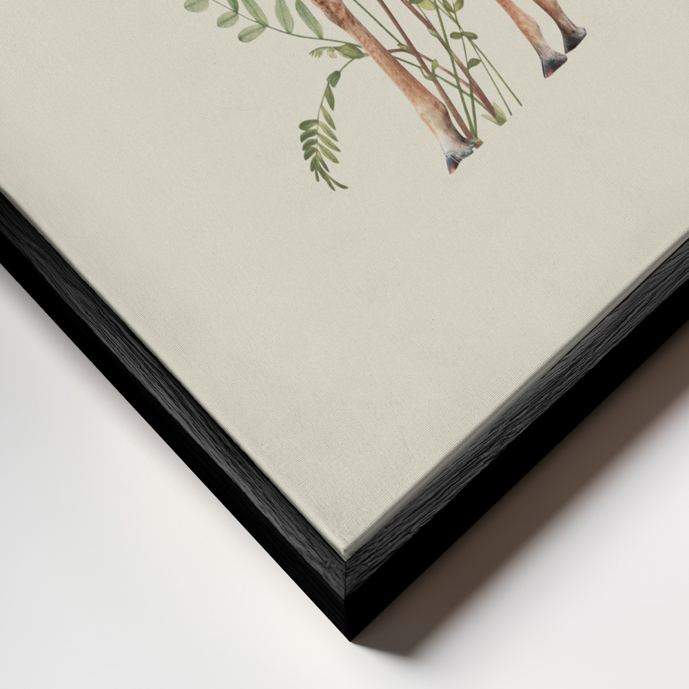 Canvas schilderi - Floral giraffe frame close-up - zwart frame