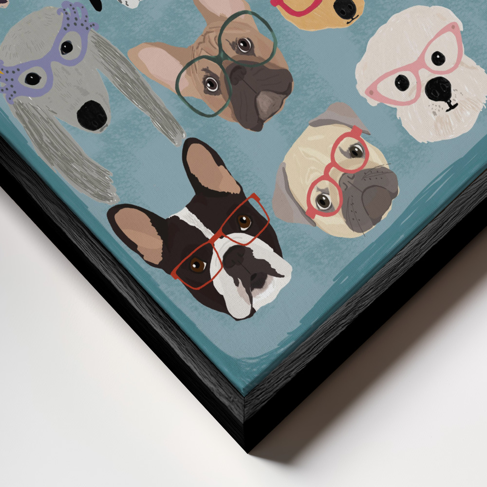 Canvas taulu - Puzzle Dogs In Glasses kehys lähikuvassa - musta kehys