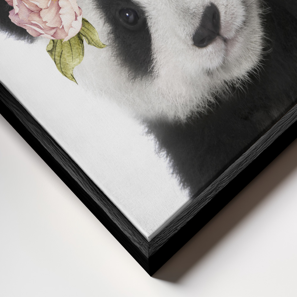 Toile - Floral Baby Panda cadre en gros plan - cadre noir