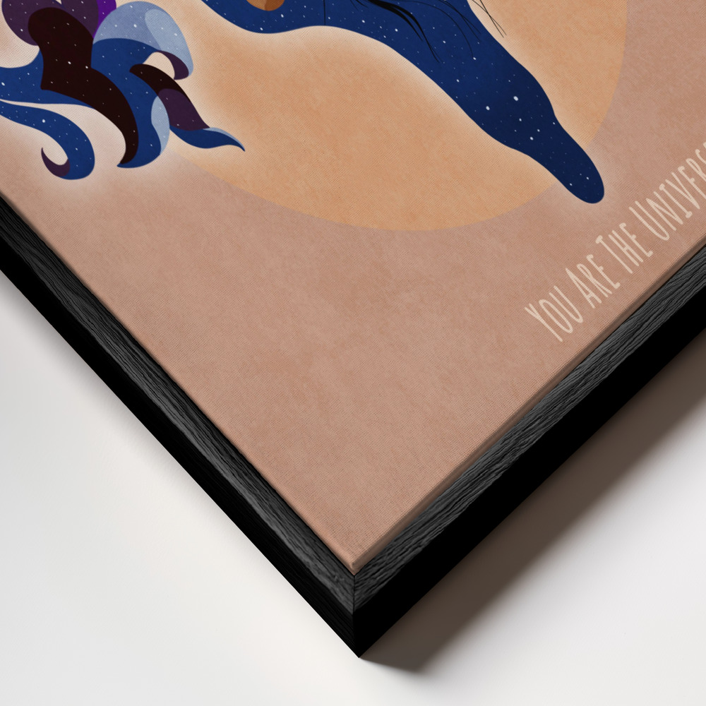 Canvas print - Spiritual, Feminine, Energy, Stars, Moon, Vulva, Meditation, Yoga, and Inspiration Poster Spir 1b frame close up - black frame