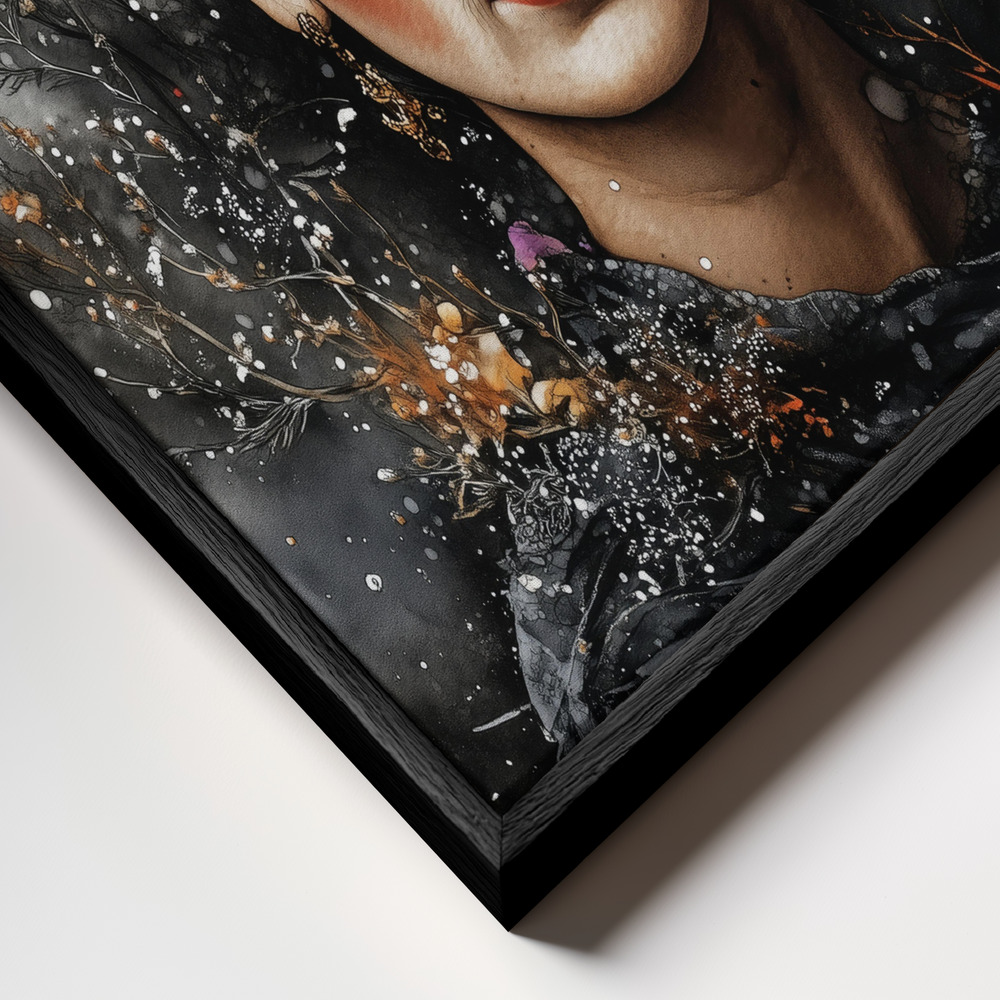 Canvas print - Frida portrait with flowers frame close up - black frame