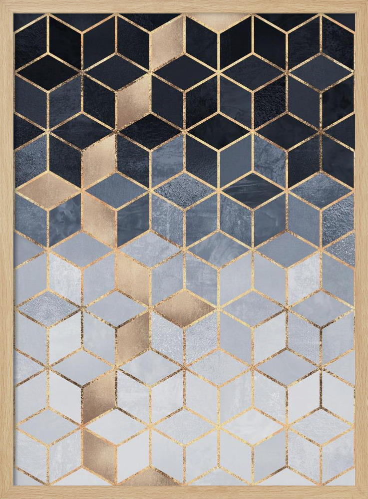 Poster - Soft Blue Gradient Cubes posterframe van natuurlijk hout