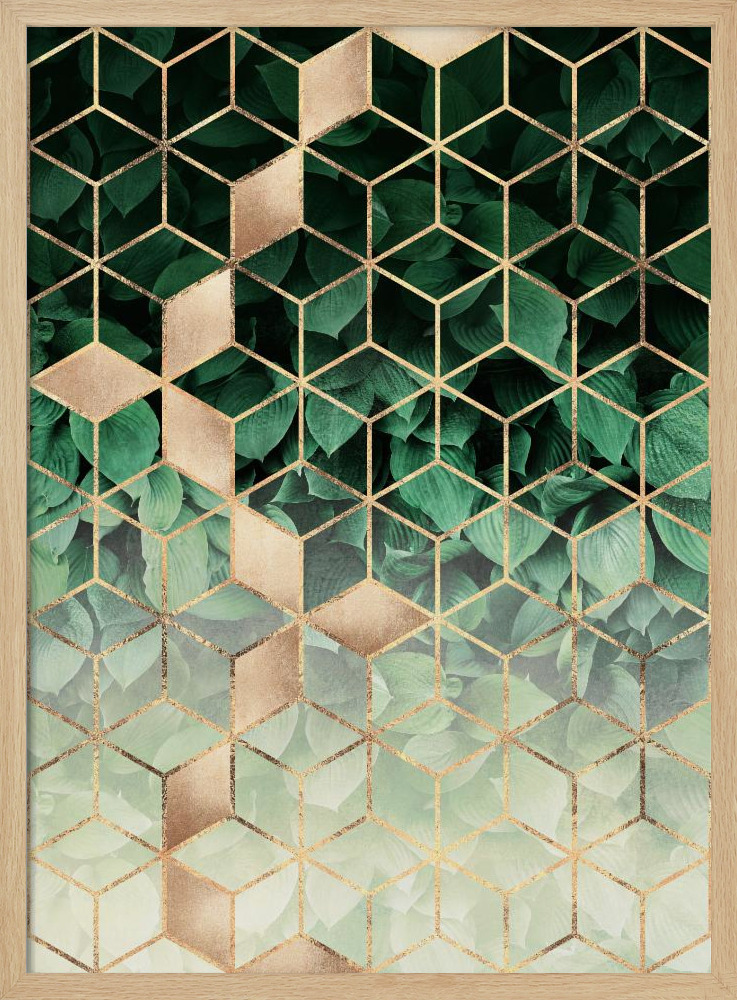 Poster - Leaves And Cubes posterframe van natuurlijk hout
