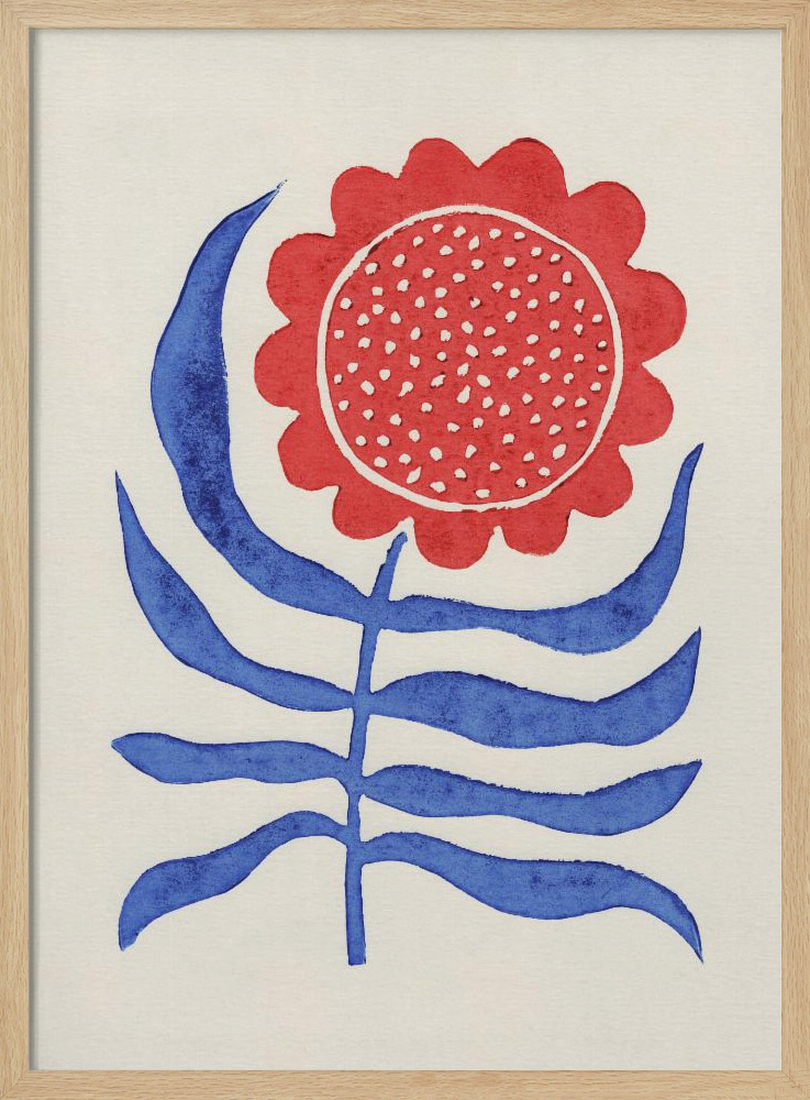Poster - Red Flower / Lino Print natural wood poster frame