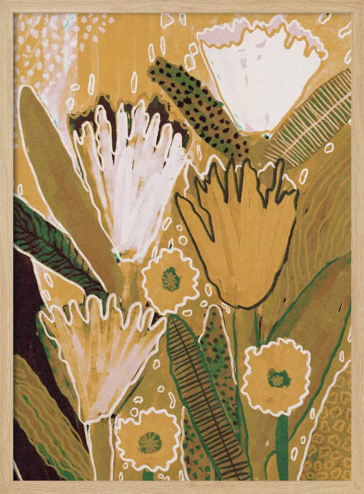 Poster Magic Wildflowers / Yellow & Green - Affisch posterram i naturligt trä