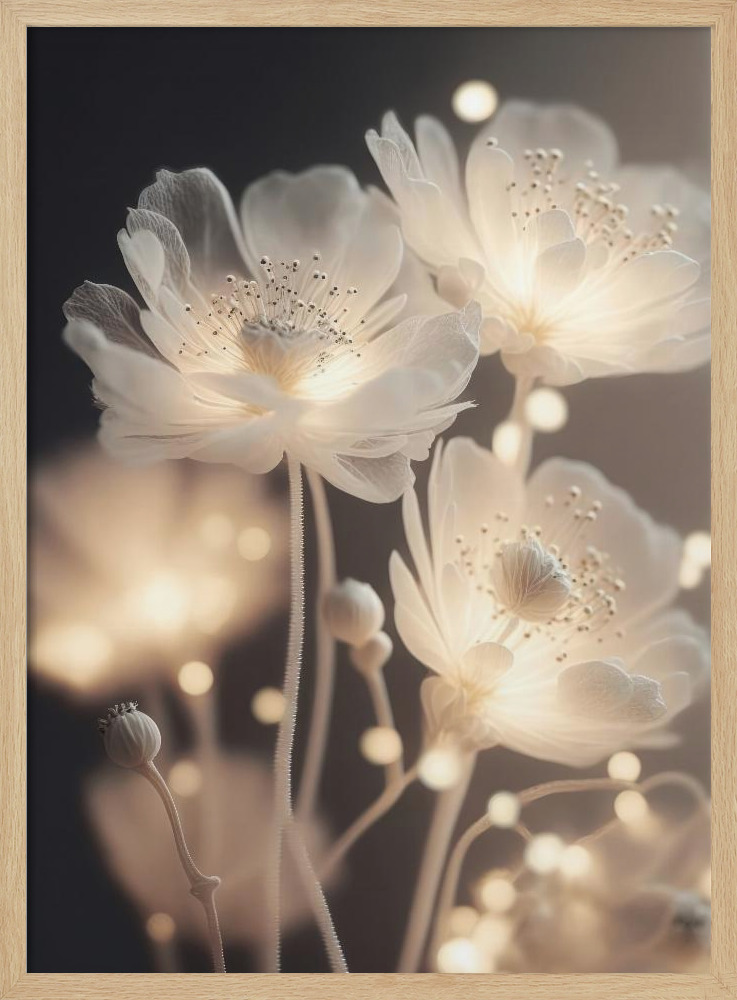 Poster - White Glowing Flowers natural wood poster frame