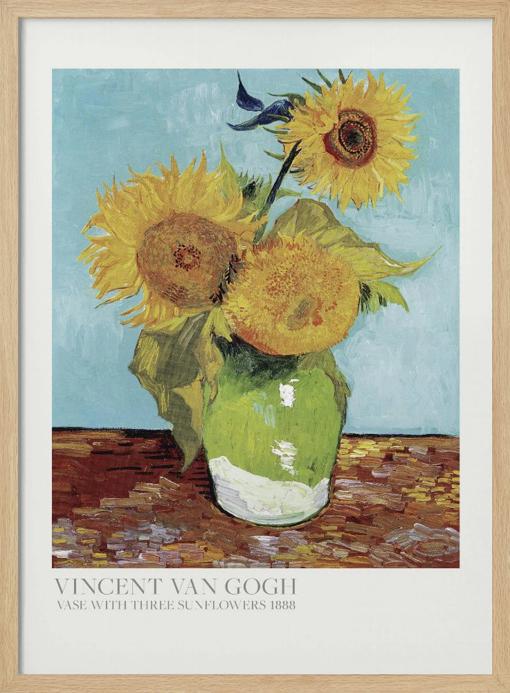 Juliste - Vase With Three Sunflowers luonnollinen puu julisteen kehys