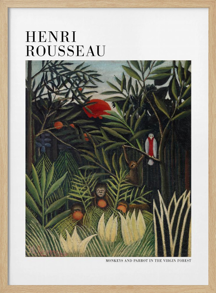 Poster - Monkeys And Parrot In The Virgin Forest natural wood poster frame