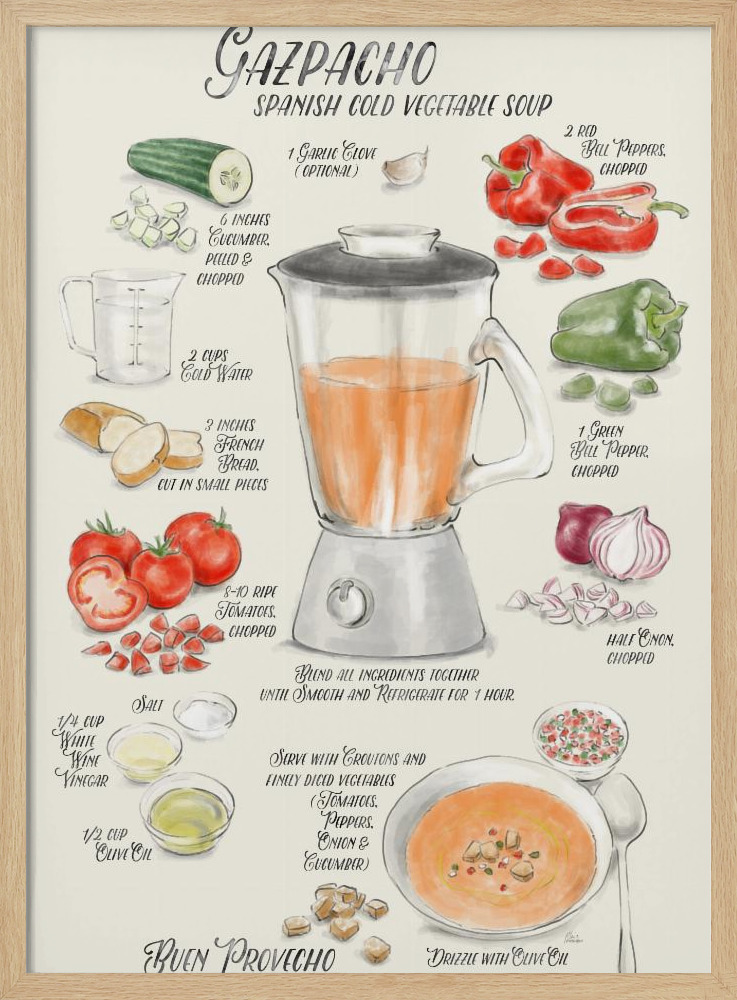 Plakat - Gazpacho illustrated recipe in English ramka na plakat z naturalnego drewna