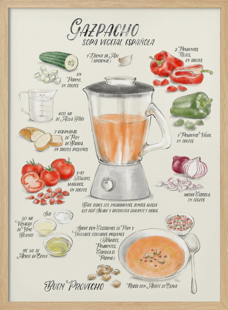 Plakat - Gazpacho illustrated recipe in Spanish ramka na plakat z naturalnego drewna
