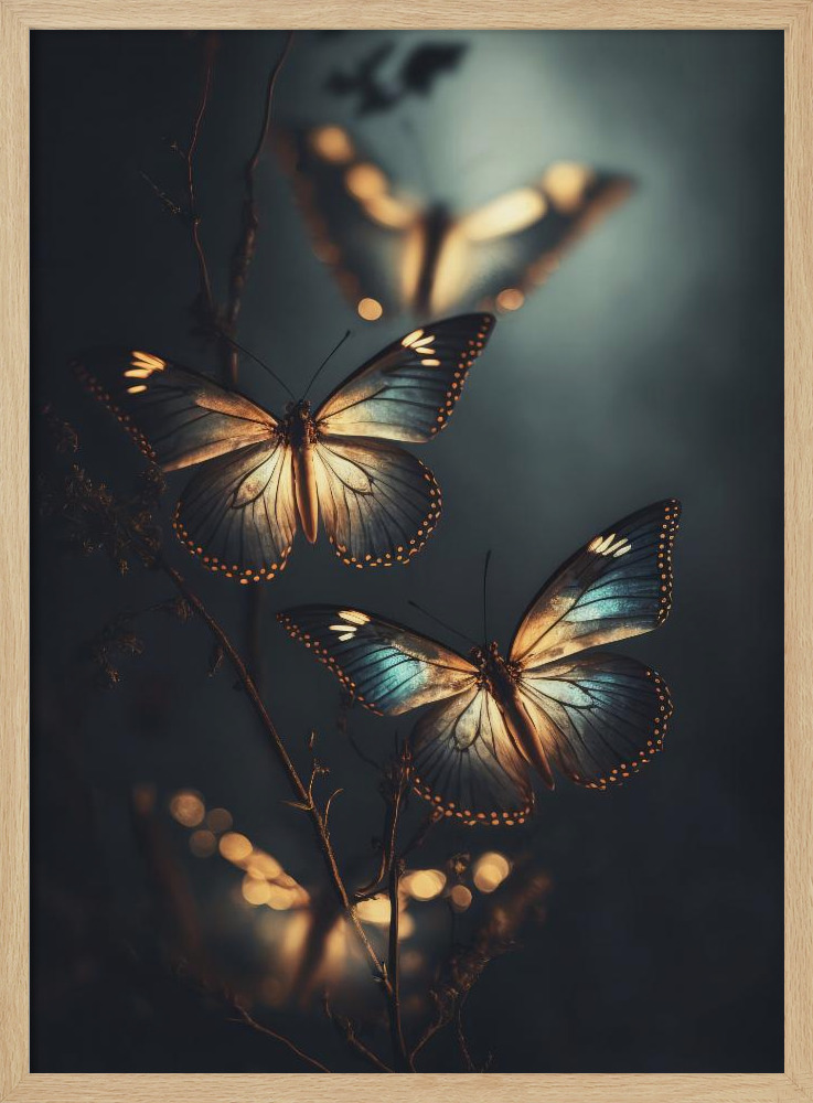 Poster - Glowing Butterflies natural wood poster frame
