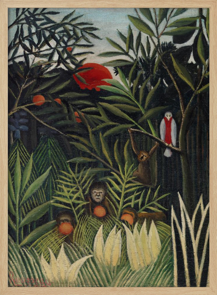 Póster - Monkeys And Parrot In The Virgin Forest natural wood poster frame