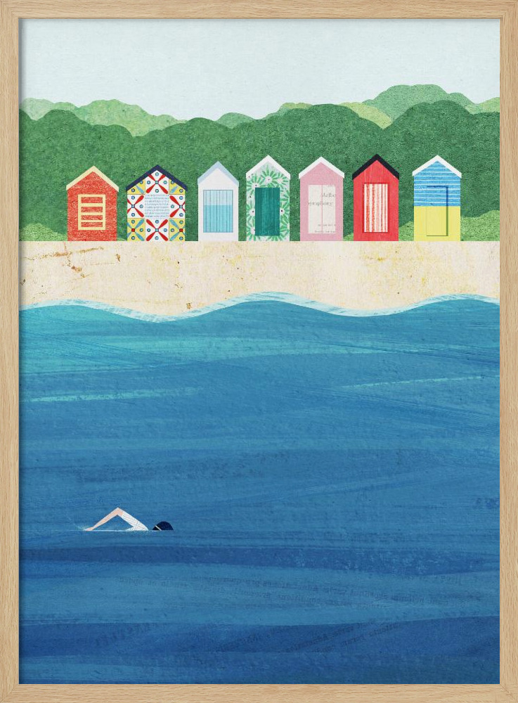 Poster - Beach Huts posterframe van natuurlijk hout