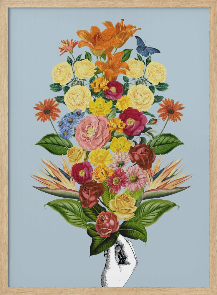 Poster - Botanical blue bouquet natural wood poster frame