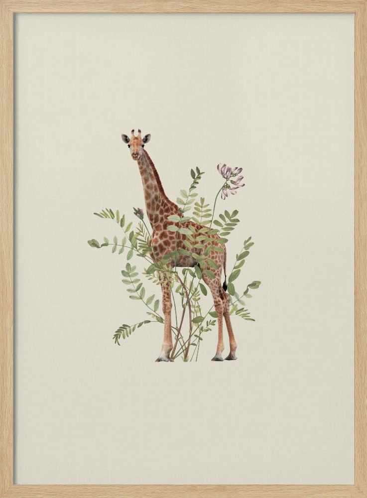 Poster - Floral giraffe natural wood poster frame