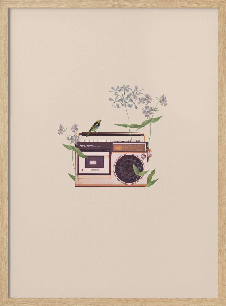 Poster - Floral vintage radio posterframe van natuurlijk hout
