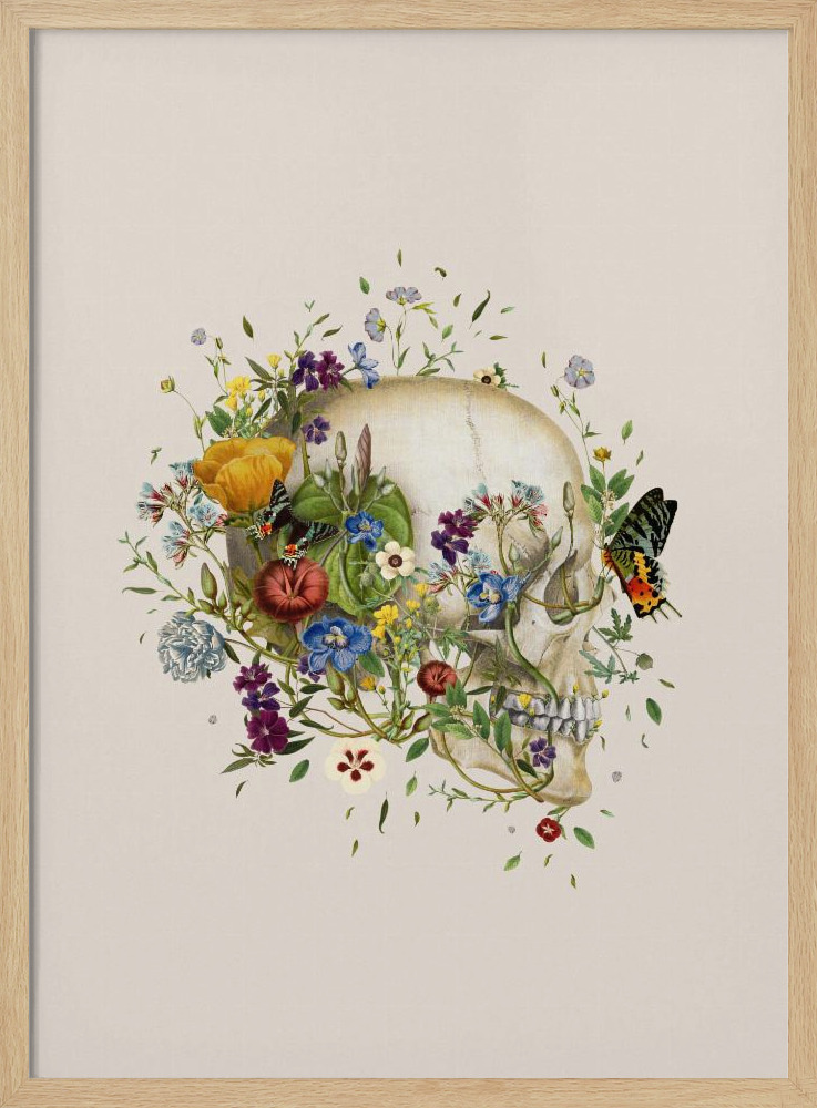 Poster - Floral skull natural wood poster frame