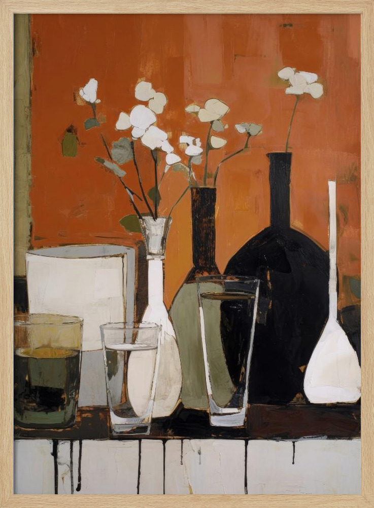 Affiche - Stilllife With Glasses And Bottles cadre de poster en bois naturel